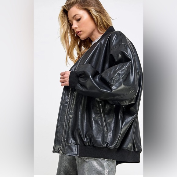 ZIP UP POCKETS PU Faux Leather Bomber Jacket - Picture 7 of 8